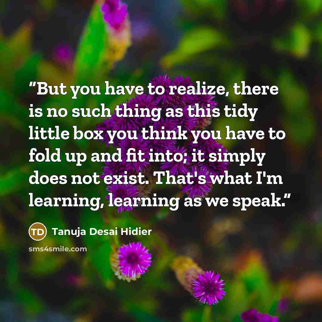 “But you have to realize, there is no such thing as this tidy little box you think you have to fold up and fit into; it simply does not exist. That's what I'm learning, learning as we speak.” quote by Tanuja Desai Hidier