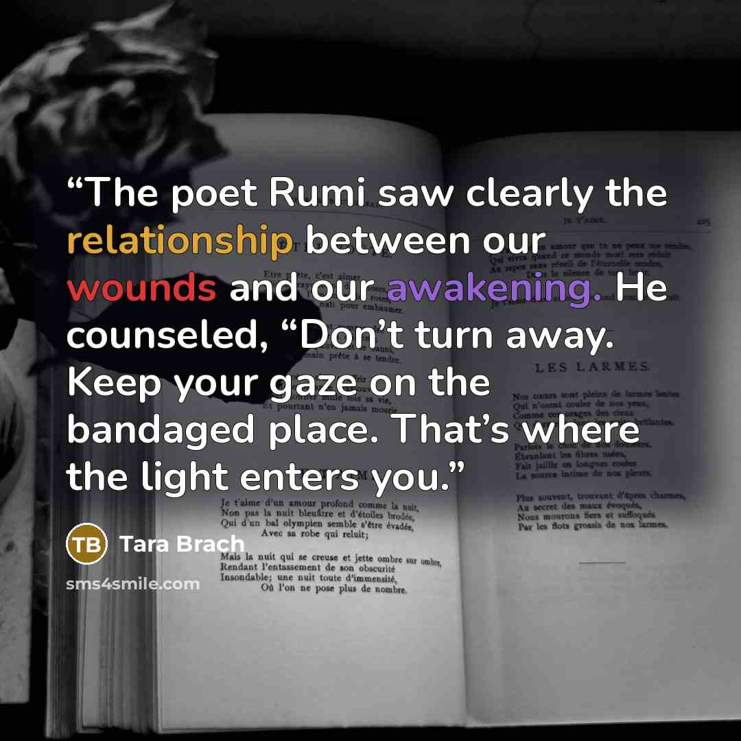 “The poet Rumi saw clearly the relationship between our wounds and our awakening. He counseled, “Don’t turn away. Keep your gaze on the bandaged place. That’s where the light enters you.” quote by Tara Brach