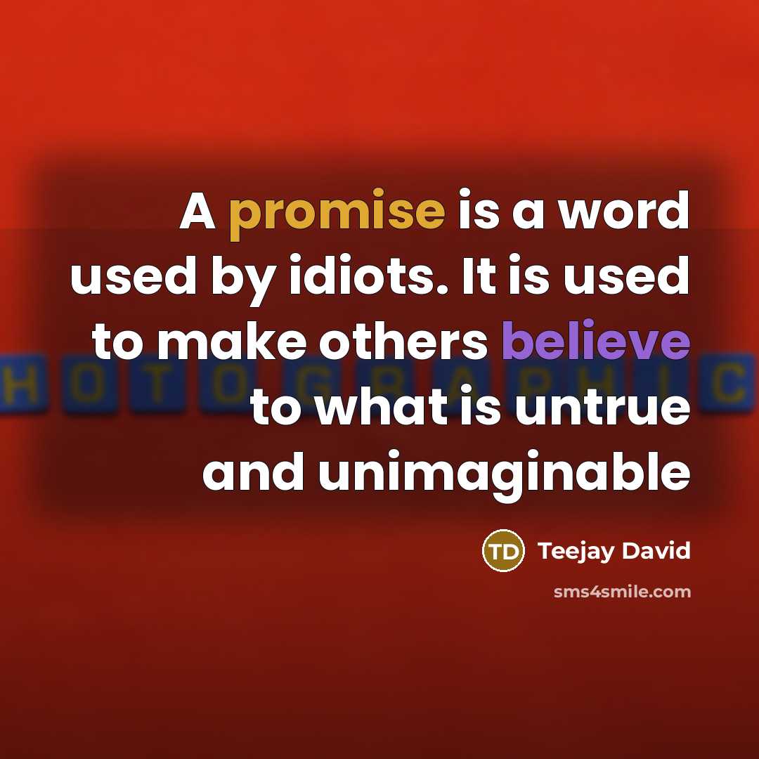 “A promise is a word used by idiots. It is used to make others believe to what is untrue and unimaginable” quote by Teejay David