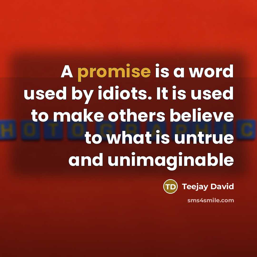“A promise is a word used by idiots. It is…” quote by Teejay David