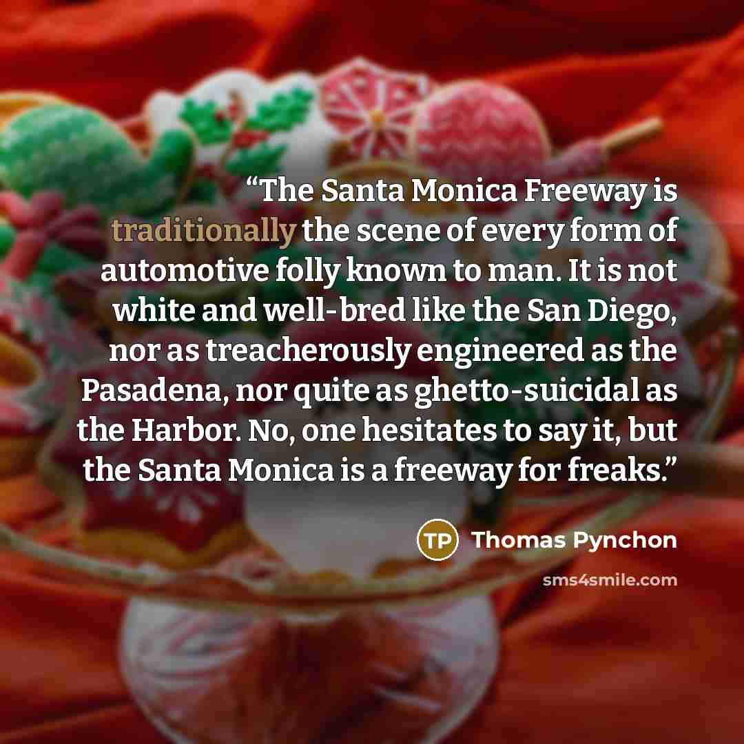 “The Santa Monica Freeway is traditionally the scene of every form of automotive folly known to man. It is not white and well-bred like the San Diego, nor as treacherously engineered as the Pasadena, nor quite as ghetto-suicidal as the Harbor. No, one hesitates to say it, but the Santa Monica is a…” quote by Thomas Pynchon