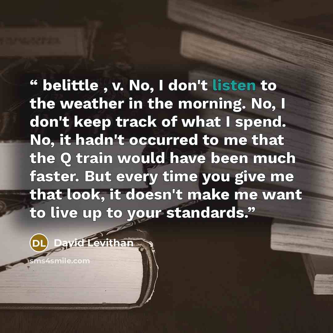 “belittle , v. No, I don't listen to the weather in the morning. No, I don't keep track of what I spend. No, it hadn't occurred to me that the Q train would have been much faster. But every time you give me that look, it doesn't make me want to live up to your standards.” quote by David Levithan