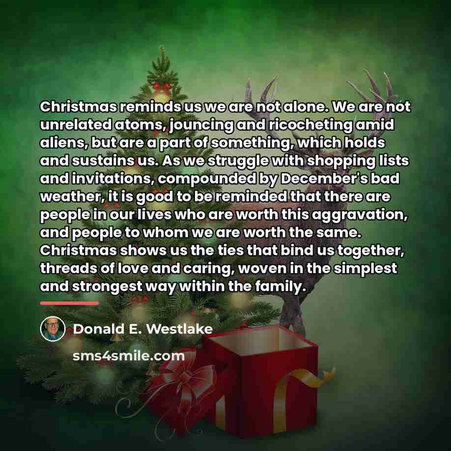 “Christmas reminds us we are not alone. We are not…” quote by Donald E. Westlake