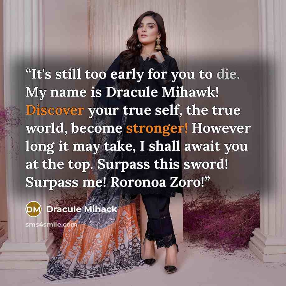 “It's still too early for you to die. My name is Dracule Mihawk! Discover your true self, the true world, become stronger! However long it may take, I shall await you at the top. Surpass this sword! Surpass me! Roronoa Zoro!” quote by Dracule Mihack