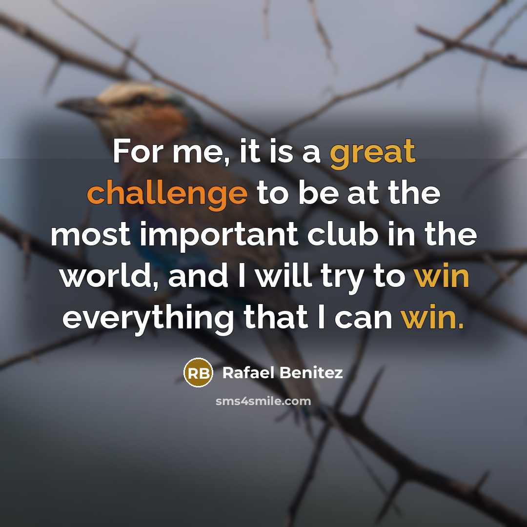 “For me, it is a great challenge to be at the most important club in the world, and I will try to win everything that I can win.” quote by Rafael Benitez