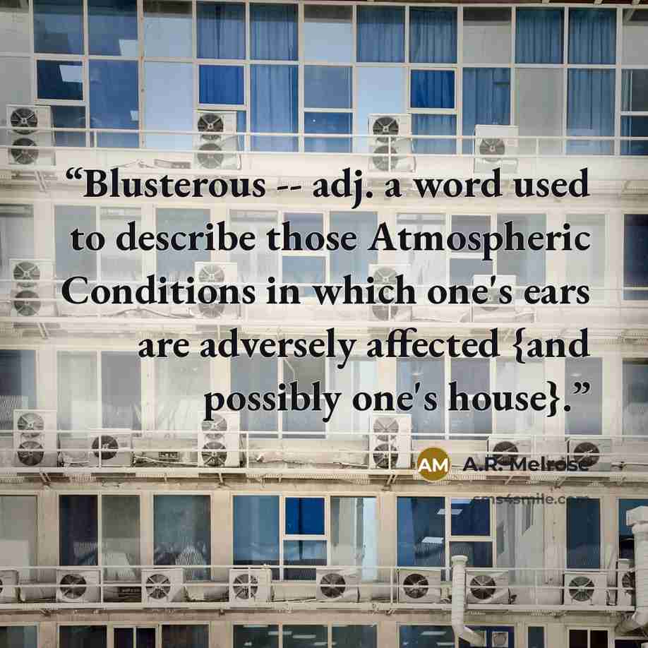 “Blusterous -- adj. a word used to describe those Atmospheric Conditions in which one's ears are adversely affected {and possibly one's house}.” quote by A.R. Melrose