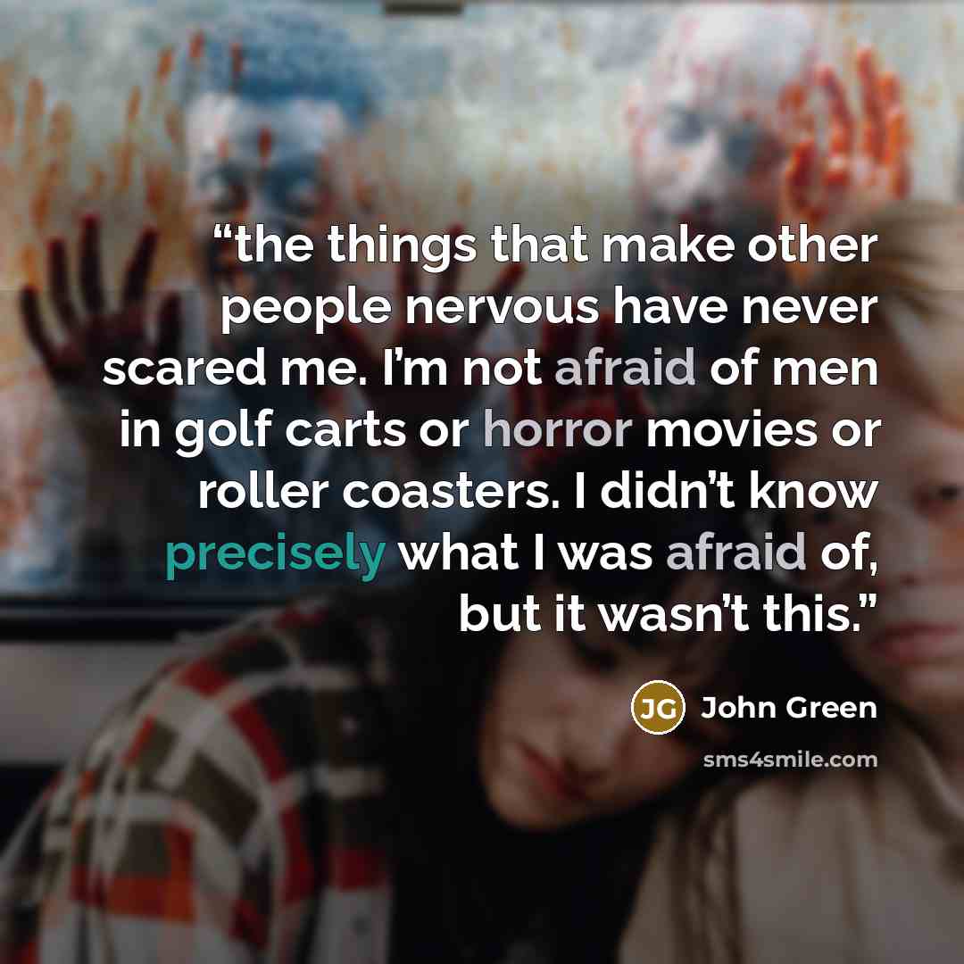 “the things that make other people nervous have never scared me. I’m not afraid of men in golf carts or horror movies or roller coasters. I didn’t know precisely what I was afraid of, but it wasn’t this.” quote by John Green