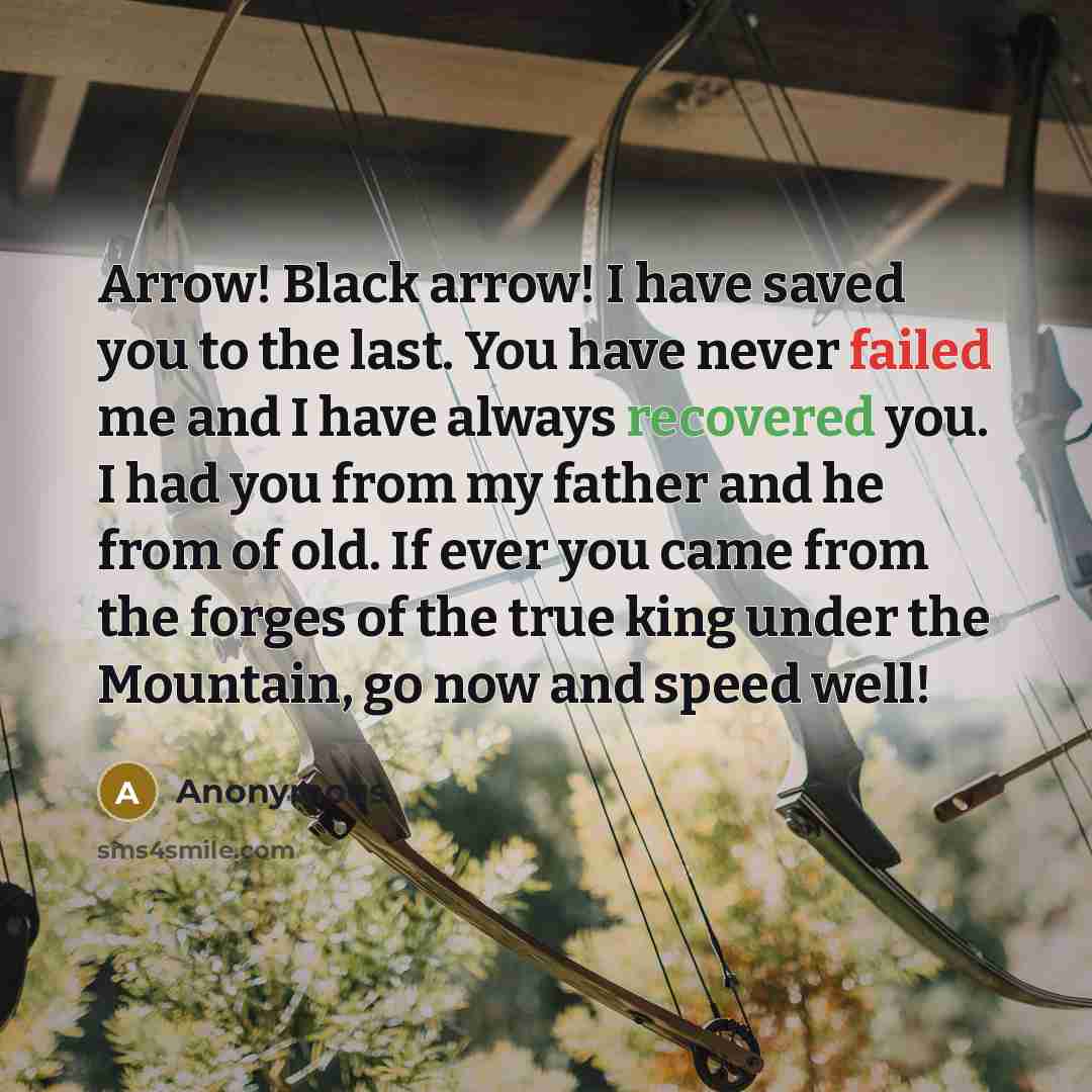 “Arrow! Black arrow! I have saved you to the last. You have never failed me and I have always recovered you. I had you from my father and he from of old. If ever you came from the forges of the true king under the Mountain, go now and speed well!” quote by Anonymous