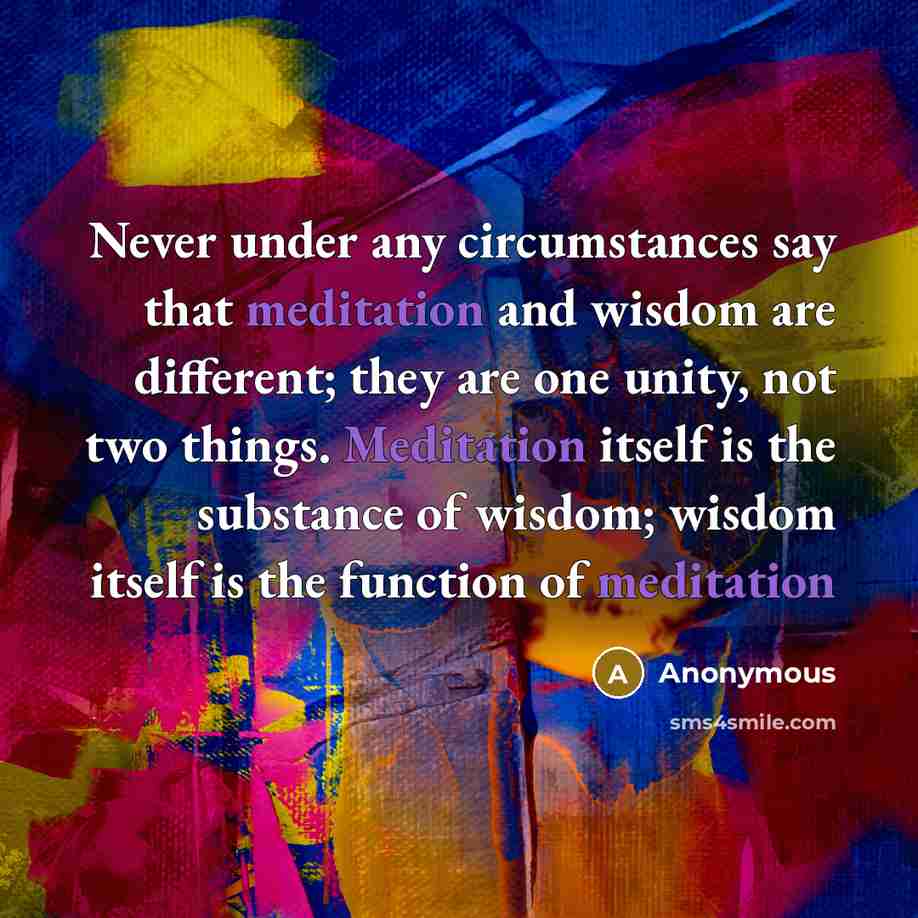 “Never under any circumstances say that meditation and wisdom are different; they are one unity, not two things. Meditation itself is the substance of wisdom; wisdom itself is the function of meditation” quote by Anonymous