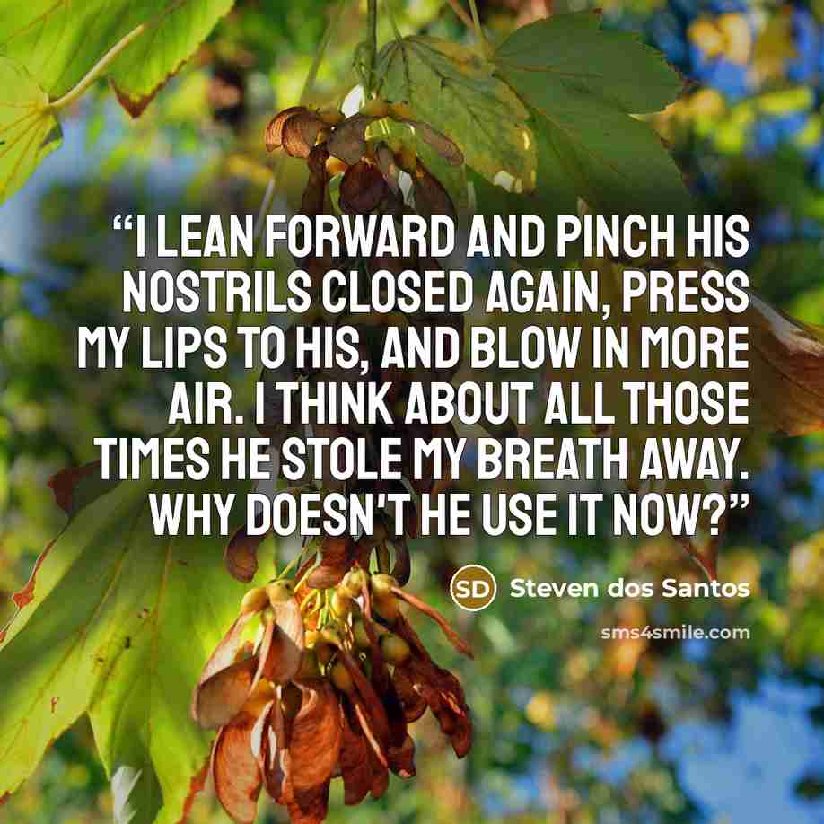 “I lean forward and pinch his nostrils closed again, press my lips to his, and blow in more air. I think about all those times he stole my breath away. Why doesn't he use it now?” quote by Steven dos Santos