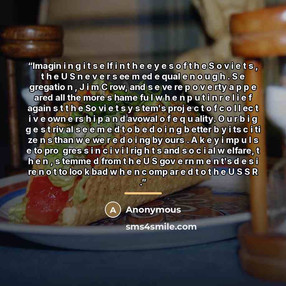 “Imagin i n g i t s e lf i n t h e e y e s o f t h e S o v i e t s , t h e U S n e v e r s ee m ed e qual e n o u g h . S e gregatio n , J i m C row, and s e ve re p o v e rty a p p e ared all the more s hame fu l w h e n p u t i n r e l i e f again s t t h e So vi e t s y s tem's proj e c t o f c…” quote by Anonymous