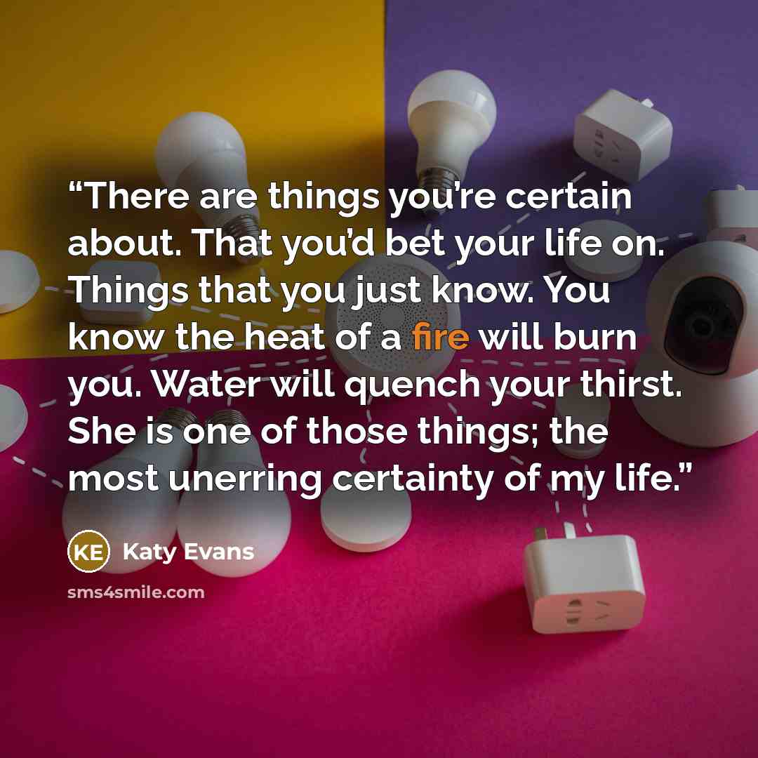 “There are things you’re certain about. That you’d bet your life on. Things that you just know. You know the heat of a fire will burn you. Water will quench your thirst. She is one of those things; the most unerring certainty of my life.” quote by Katy Evans