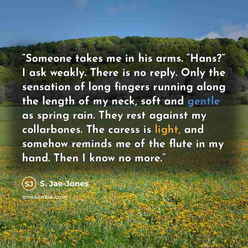 “Someone takes me in his arms. “Hans?” I ask weakly. There is no reply. Only the sensation of long fingers running along the length of my neck, soft and gentle as spring rain. They rest against my collarbones. The caress is light, and somehow reminds me of the flute in my hand. Then I know no more.” quote by S. Jae-Jones
