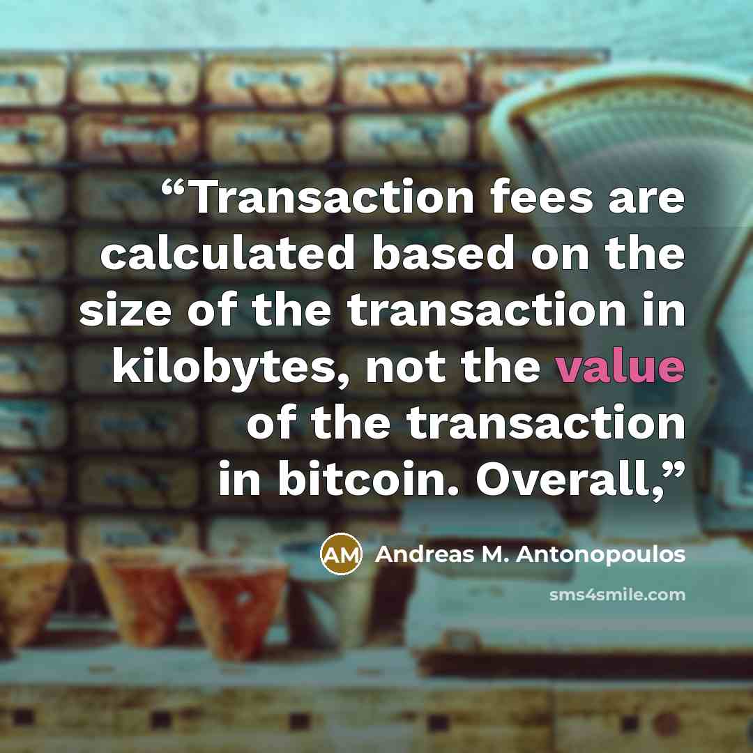 “Transaction fees are calculated based on the size of the transaction in kilobytes, not the value of the transaction in bitcoin. Overall,” quote by Andreas M. Antonopoulos
