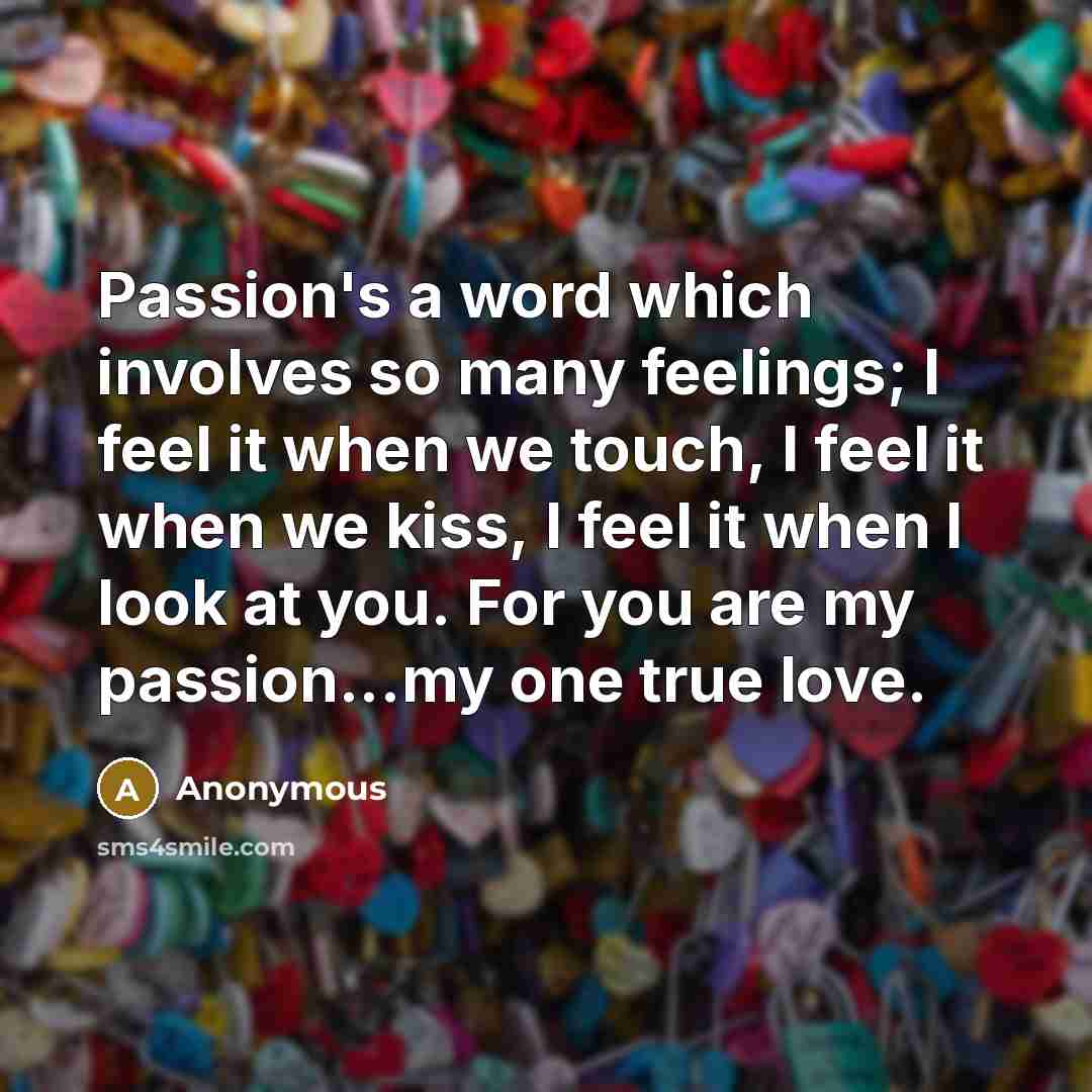 “Passion's a word which involves so many feelings; I feel it when we touch, I feel it when we kiss, I feel it when I look at you. For you are my passion...my one true love.” quote by Anonymous