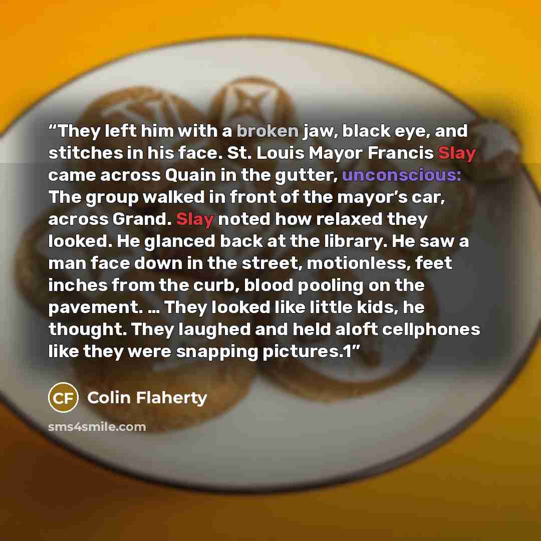 “They left him with a broken jaw, black eye, and stitches in his face. St. Louis Mayor Francis Slay came across Quain in the gutter, unconscious: The group walked in front of the mayor’s car, across Grand. Slay noted how relaxed they looked. He glanced back at the library. He saw a man face down in…” quote by Colin Flaherty