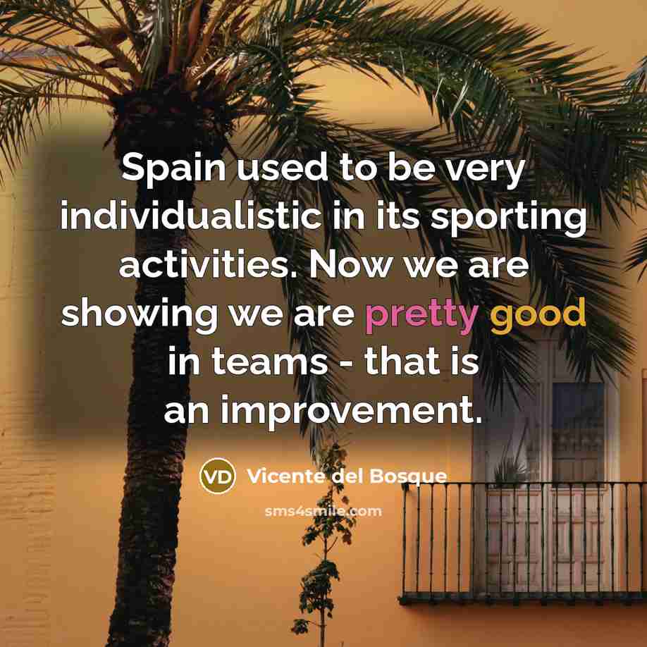 “Spain used to be very individualistic in its sporting activities. Now we are showing we are pretty good in teams - that is an improvement.” quote by Vicente del Bosque