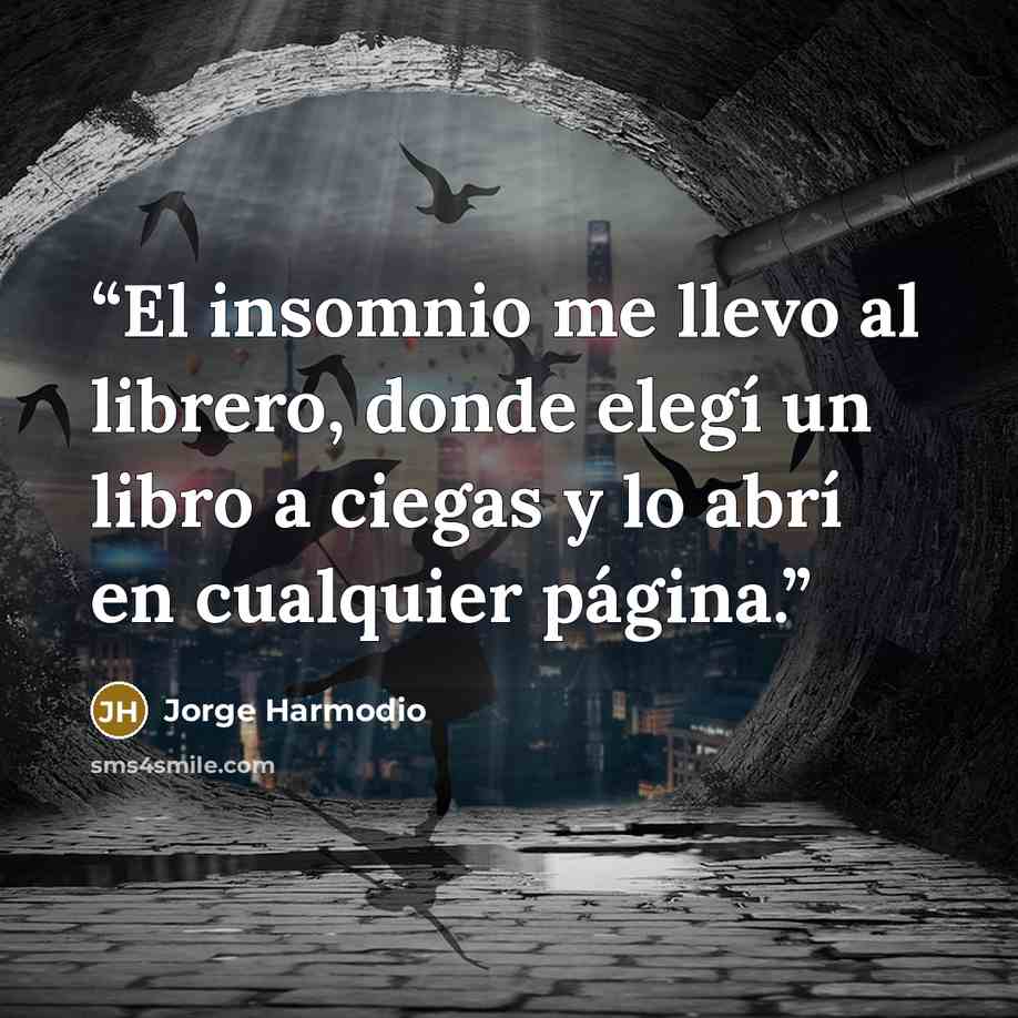 “El insomnio me llevo al librero, donde elegí un libro a ciegas y lo abrí en cualquier página.” quote by Jorge Harmodio