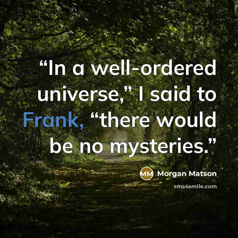 “In a well-ordered universe,” I said to Frank, “there would be no mysteries.” quote by Morgan Matson
