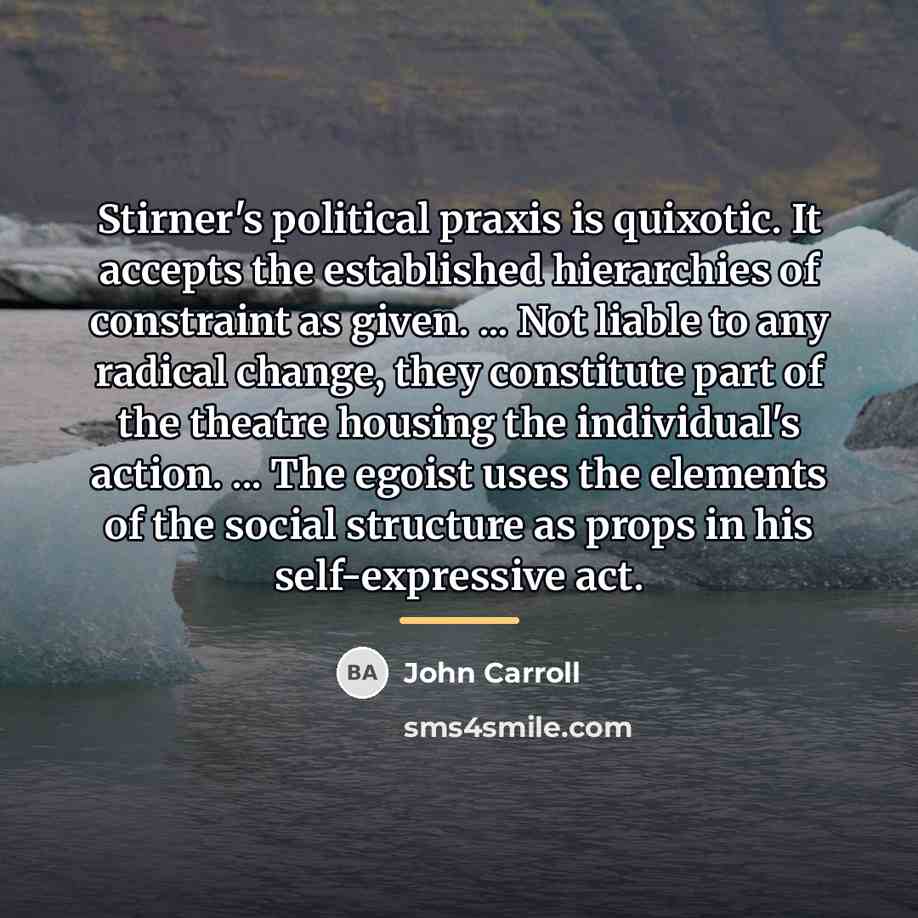 “Stirner's political praxis is quixotic. It accepts the established hierarchies…” quote by John Carroll