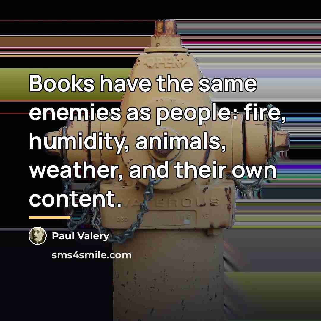 “Books have the same enemies as people: fire, humidity, animals,…” quote by Paul Valery
