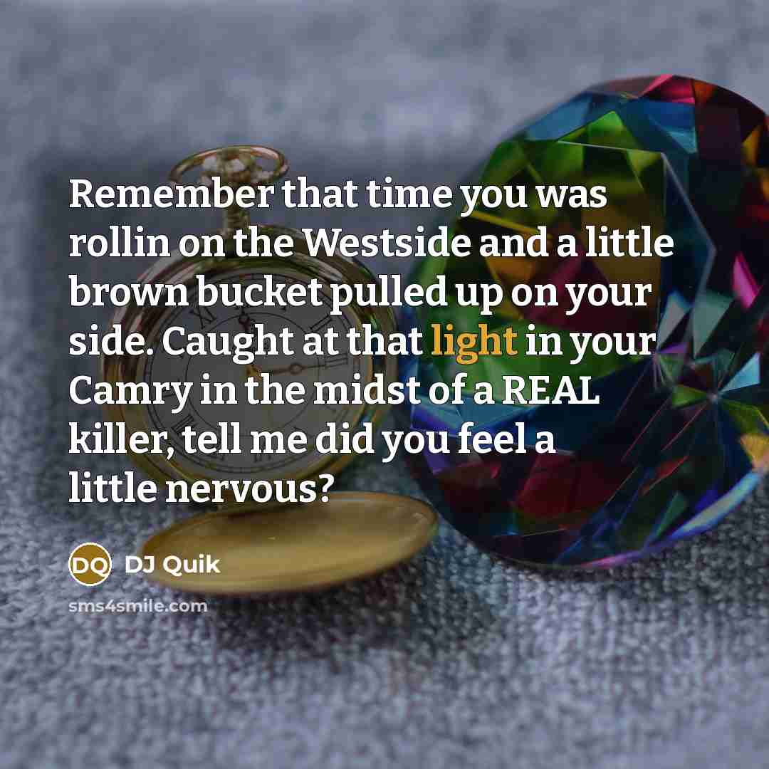 “Remember that time you was rollin on the Westside and a little brown bucket pulled up on your side. Caught at that light in your Camry in the midst of a REAL killer, tell me did you feel a little nervous?” quote by DJ Quik