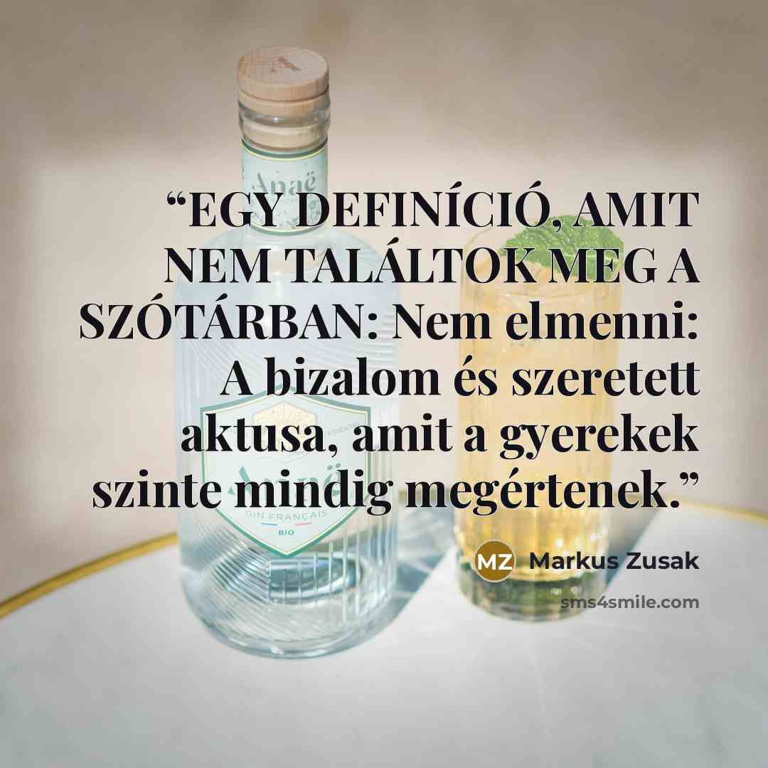 “EGY DEFINÍCIÓ, AMIT NEM TALÁLTOK MEG A SZÓTÁRBAN: Nem elmenni: A bizalom és szeretett aktusa, amit a gyerekek szinte mindig megértenek.” quote by Markus Zusak