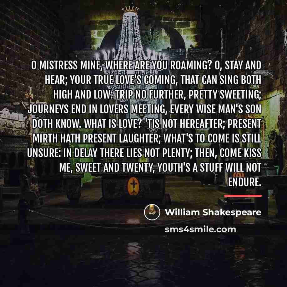 “O Mistress mine, where are you roaming? O, stay and…” quote by William Shakespeare