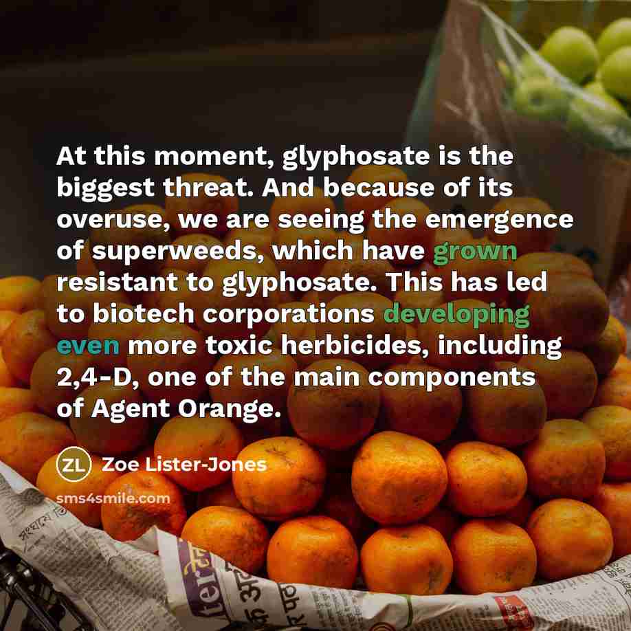 “At this moment, glyphosate is the biggest threat. And because…” quote by Zoe Lister-Jones