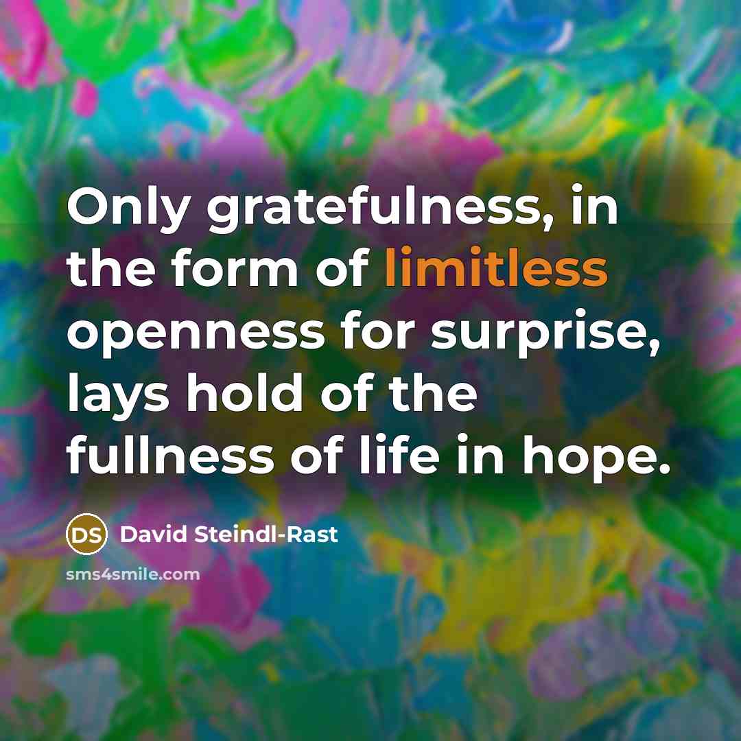“Only gratefulness, in the form of limitless openness for surprise,…” quote by David Steindl-Rast