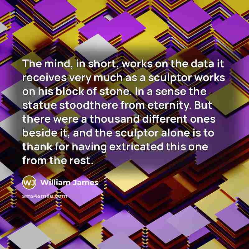 “The mind, in short, works on the data it receives very much as a sculptor works on his block of stone. In a sense the statue stoodthere from eternity. But there were a thousand different ones beside it, and the sculptor alone is to thank for having extricated this one from the rest.” quote by William James