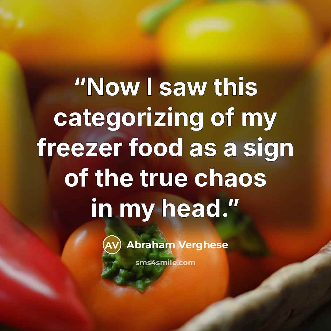 “Now I saw this categorizing of my freezer food as a sign of the true chaos in my head.” quote by Abraham Verghese