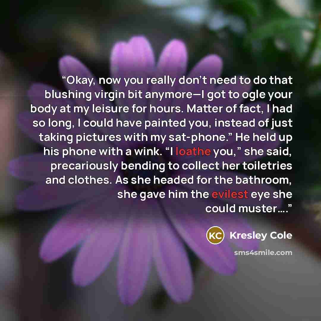“Okay, now you really don’t need to do that blushing virgin bit anymore—I got to ogle your body at my leisure for hours. Matter of fact, I had so long, I could have painted you, instead of just taking pictures with my sat-phone.” He held up his phone with a wink. “I loathe you,” she said…” quote by Kresley Cole