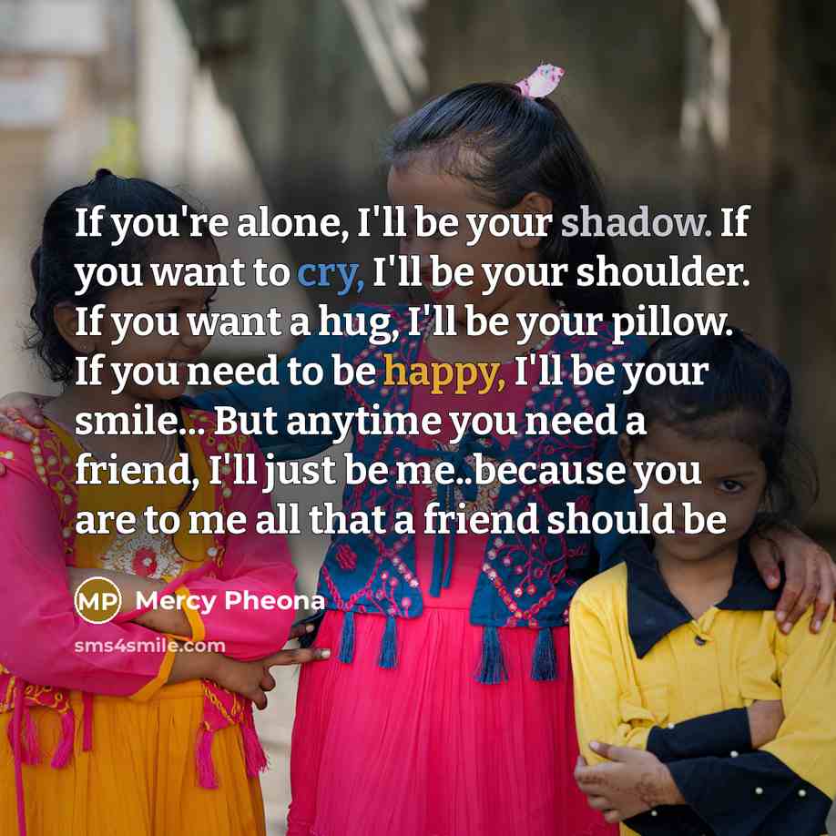 “If you're alone, I'll be your shadow. If you want to cry, I'll be your shoulder. If you want a hug, I'll be your pillow. If you need to be happy, I'll be your smile... But anytime you need a friend, I'll just be me..because you are to me all that a friend should be” quote by Mercy Pheona
