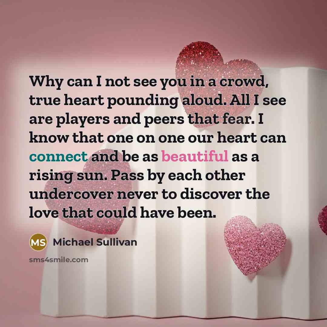 “Why can I not see you in a crowd, true heart pounding aloud. All I see are players and peers that fear. I know that one on one our heart can connect and be as beautiful as a rising sun. Pass by each other undercover never to discover the love that could have been.” quote by Michael Sullivan