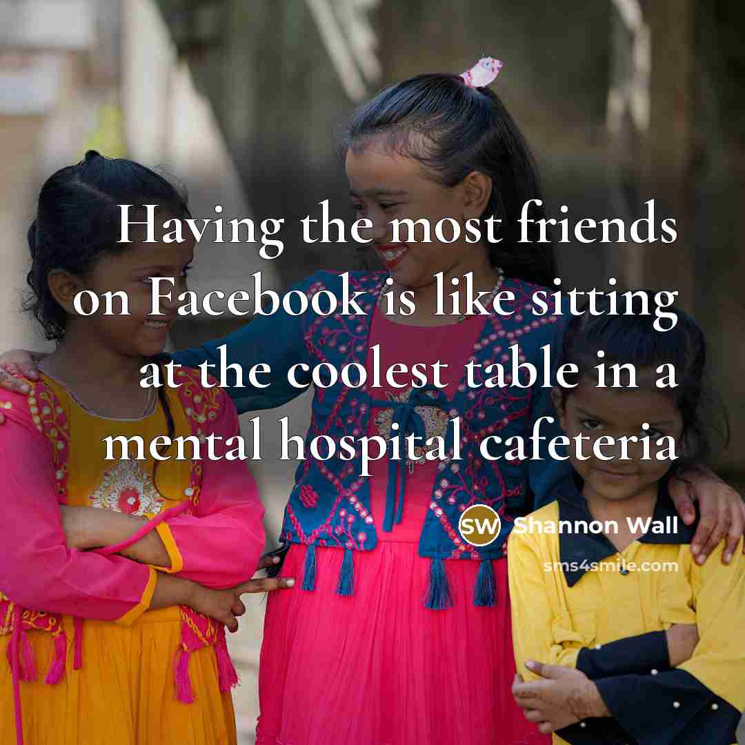 “Having the most friends on Facebook is like sitting at the coolest table in a mental hospital cafeteria” quote by Shannon Wall