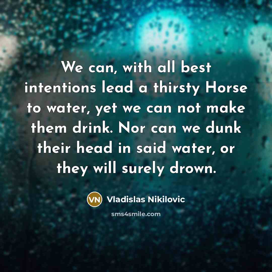 “We can, with all best intentions lead a thirsty Horse to water, yet we can not make them drink. Nor can we dunk their head in said water, or they will surely drown.” quote by Vladislas Nikilovic
