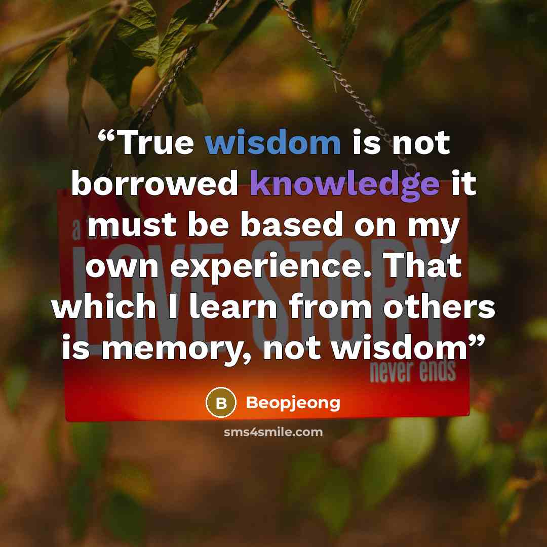 “True wisdom is not borrowed knowledge it must be based on my own experience. That which I learn from others is memory, not wisdom” quote by Beopjeong