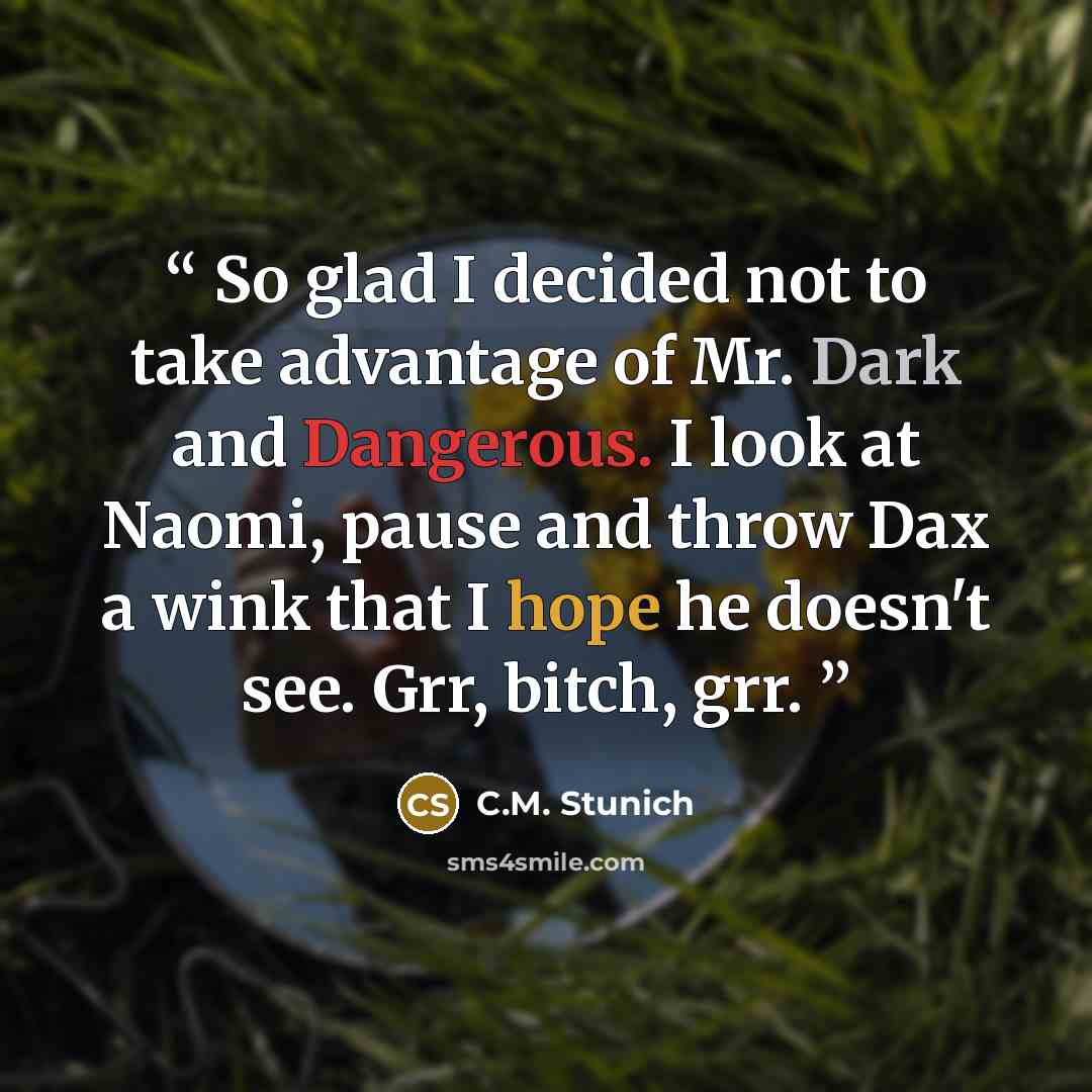 “So glad I decided not to take advantage of Mr. Dark and Dangerous. I look at Naomi, pause and throw Dax a wink that I hope he doesn't see. Grr, bitch, grr.” quote by C.M. Stunich