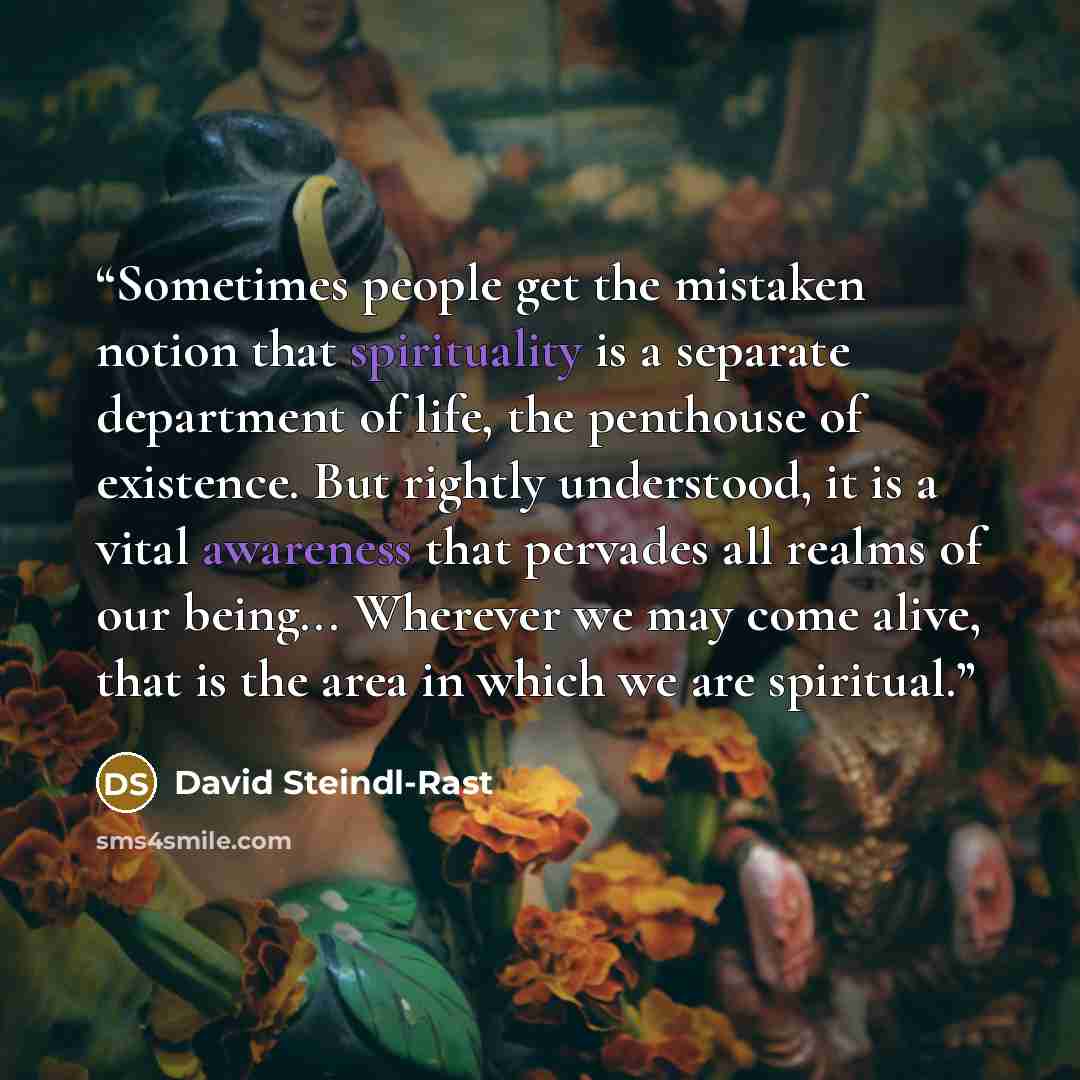 “Sometimes people get the mistaken notion that spirituality is a separate department of life, the penthouse of existence. But rightly understood, it is a vital awareness that pervades all realms of our being... Wherever we may come alive, that is the area in which we are spiritual.” quote by David Steindl-Rast
