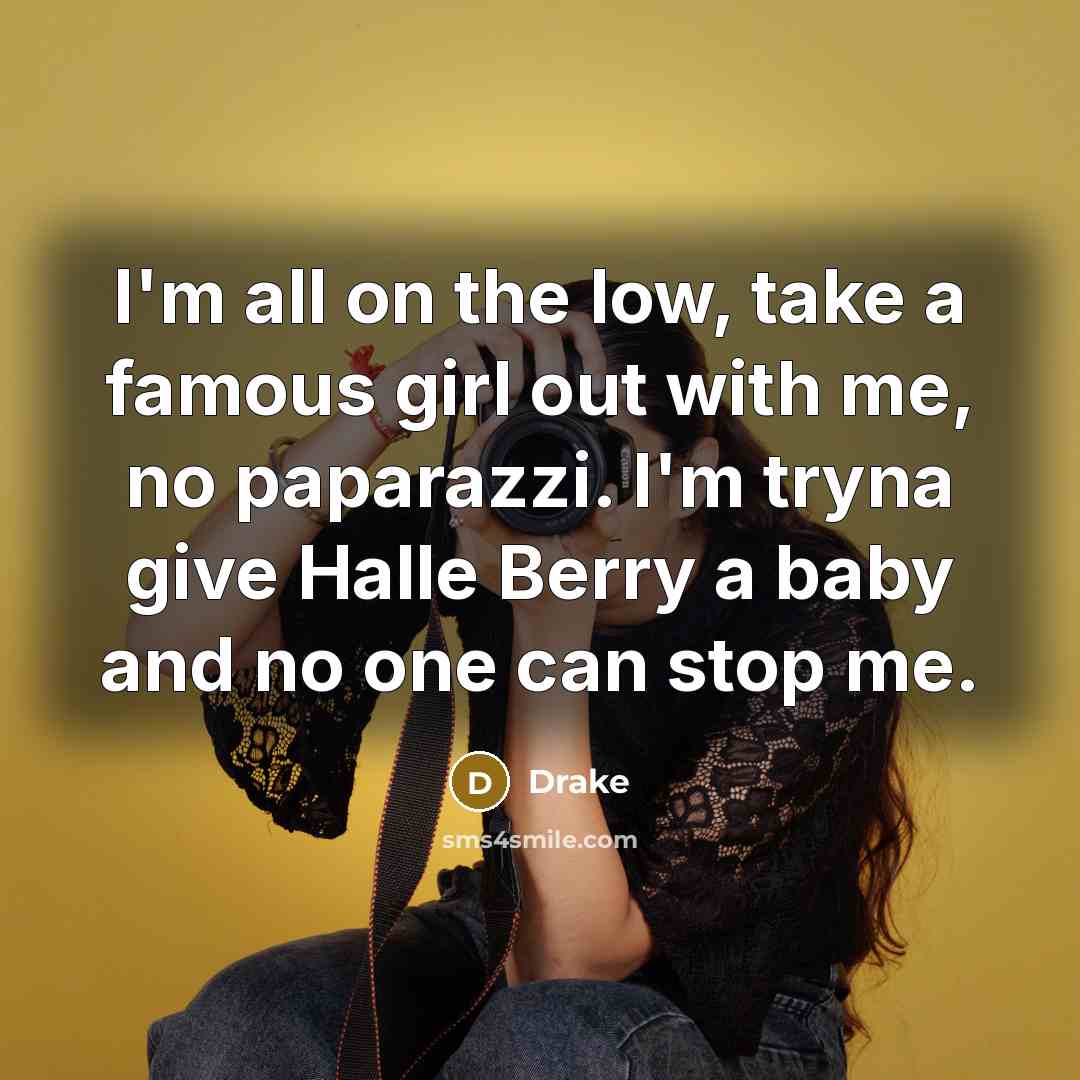 “I'm all on the low, take a famous girl out with me, no paparazzi. I'm tryna give Halle Berry a baby and no one can stop me.” quote by Drake