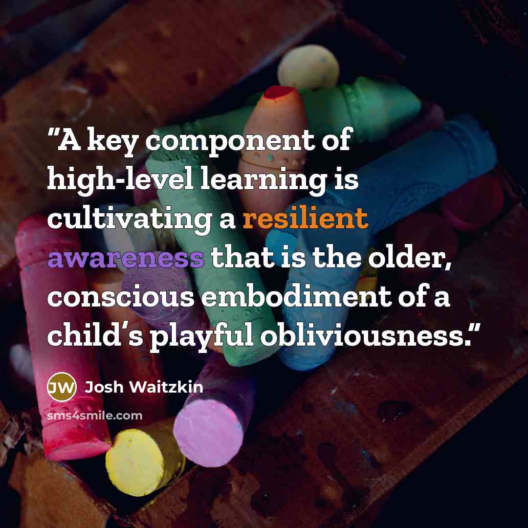 “A key component of high-level learning is cultivating a resilient awareness that is the older, conscious embodiment of a child’s playful obliviousness.” quote by Josh Waitzkin
