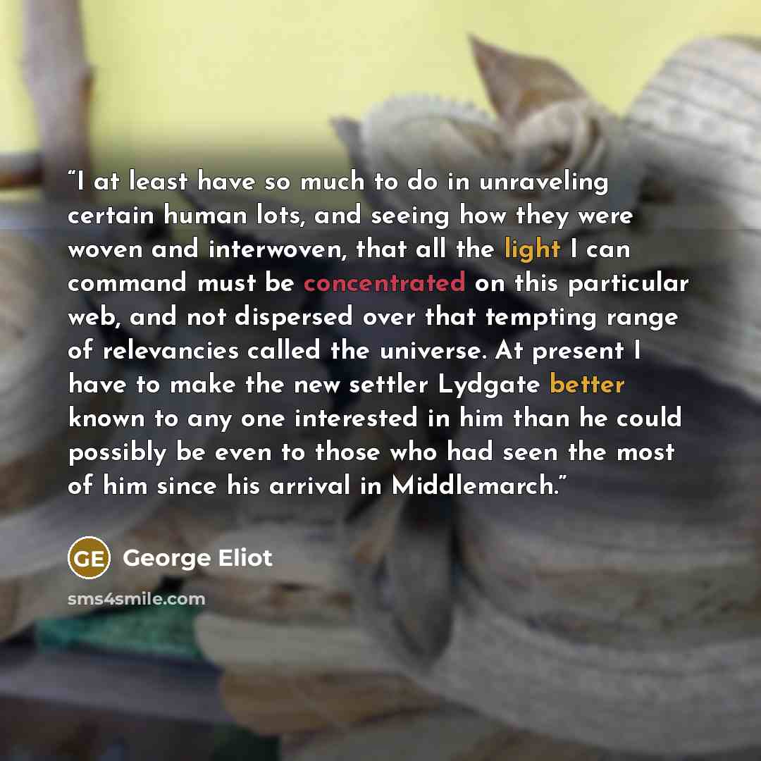“I at least have so much to do in unraveling certain human lots, and seeing how they were woven and interwoven, that all the light I can command must be concentrated on this particular web, and not dispersed over that tempting range of relevancies called the universe. At present I have to make the…” quote by George Eliot