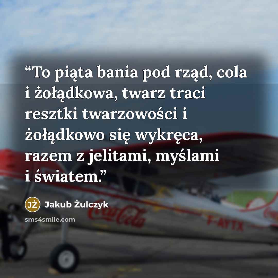 “To piąta bania pod rząd, cola i żołądkowa, twarz traci resztki twarzowości i żołądkowo się wykręca, razem z jelitami, myślami i światem.” quote by Jakub Żulczyk