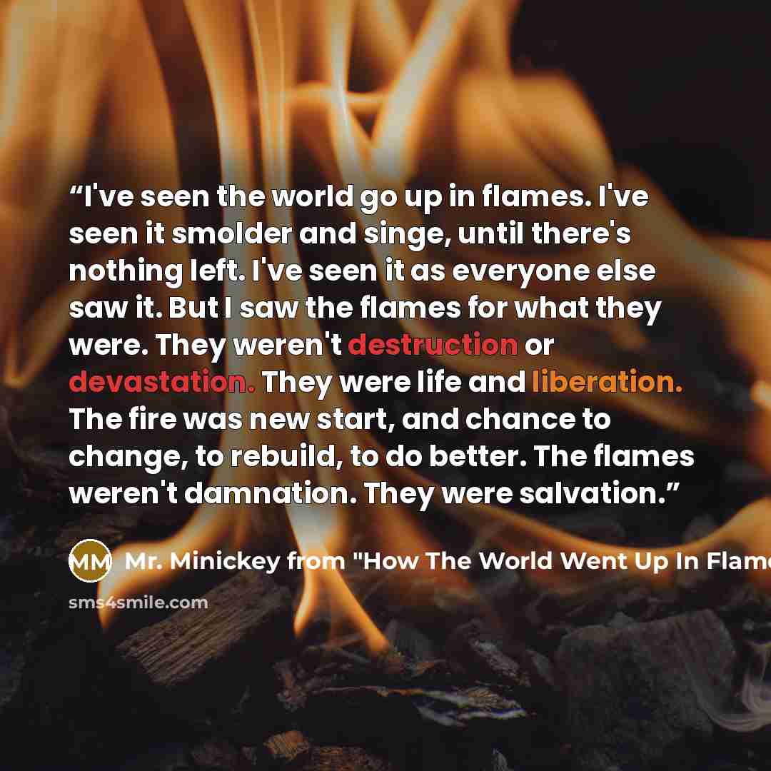 “I've seen the world go up in flames. I've seen it smolder and singe, until there's nothing left. I've seen it as everyone else saw it. But I saw the flames for what they were. They weren't destruction or devastation. They were life and liberation. The fire was new start, and chance to change, to…” quote by Mr. Minickey from "How The World Went Up In Flames