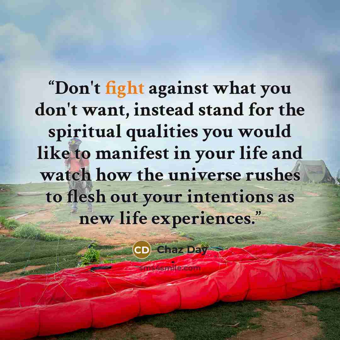 “Don't fight against what you don't want, instead stand for the spiritual qualities you would like to manifest in your life and watch how the universe rushes to flesh out your intentions as new life experiences.” quote by Chaz Day