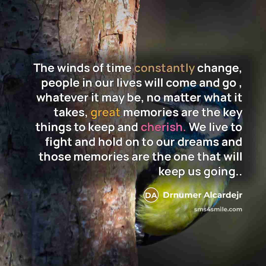 “The winds of time constantly change, people in our lives will come and go , whatever it may be, no matter what it takes, great memories are the key things to keep and cherish. We live to fight and hold on to our dreams and those memories are the one that will keep us going..” quote by Drnumer Alcardejr
