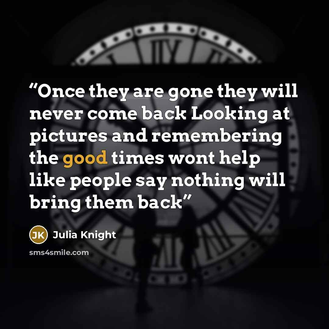 “Once they are gone they will never come back Looking at pictures and remembering the good times wont help like people say nothing will bring them back” quote by Julia Knight