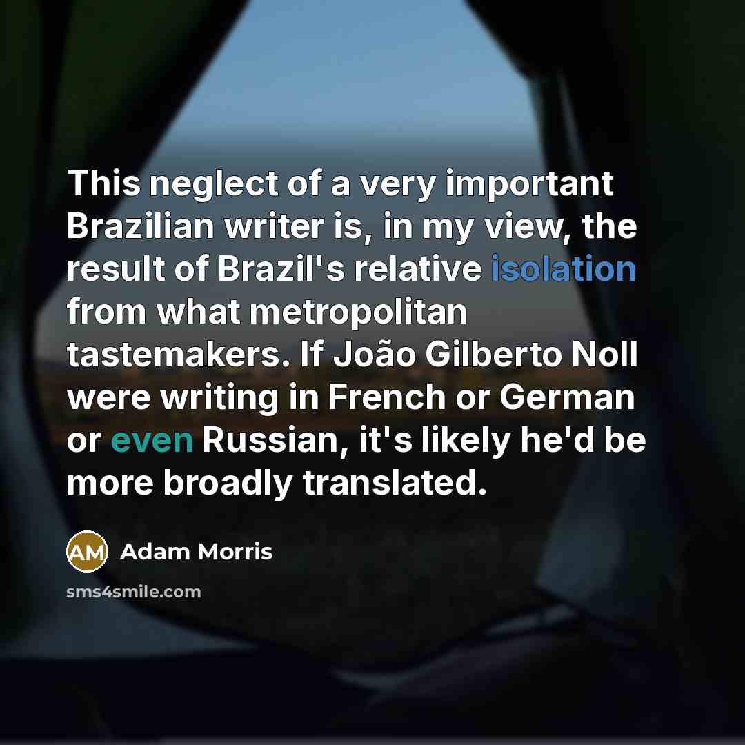 “This neglect of a very important Brazilian writer is, in my view, the result of Brazil's relative isolation from what metropolitan tastemakers. If João Gilberto Noll were writing in French or German or even Russian, it's likely he'd be more broadly translated.” quote by Adam Morris