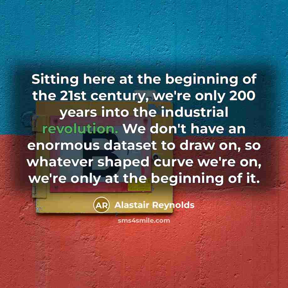 “Sitting here at the beginning of the 21st century, we're only 200 years into the industrial revolution. We don't have an enormous dataset to draw on, so whatever shaped curve we're on, we're only at the beginning of it.” quote by Alastair Reynolds
